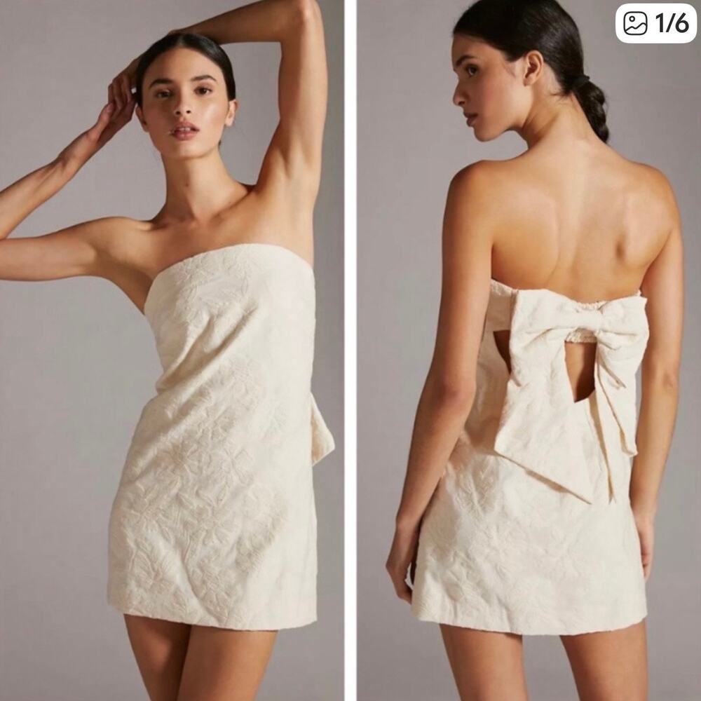 Anthropologie Strapless Textured Bow Back Shift Mini Dress Cream Sz 2